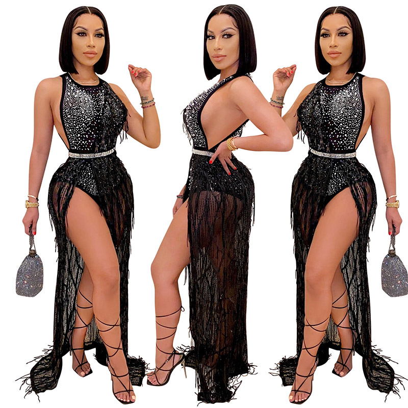 High Waist Evening Party Dresses Summer Sequin Elegant Women Jumpsuits Sexy Bodycon Split Dress