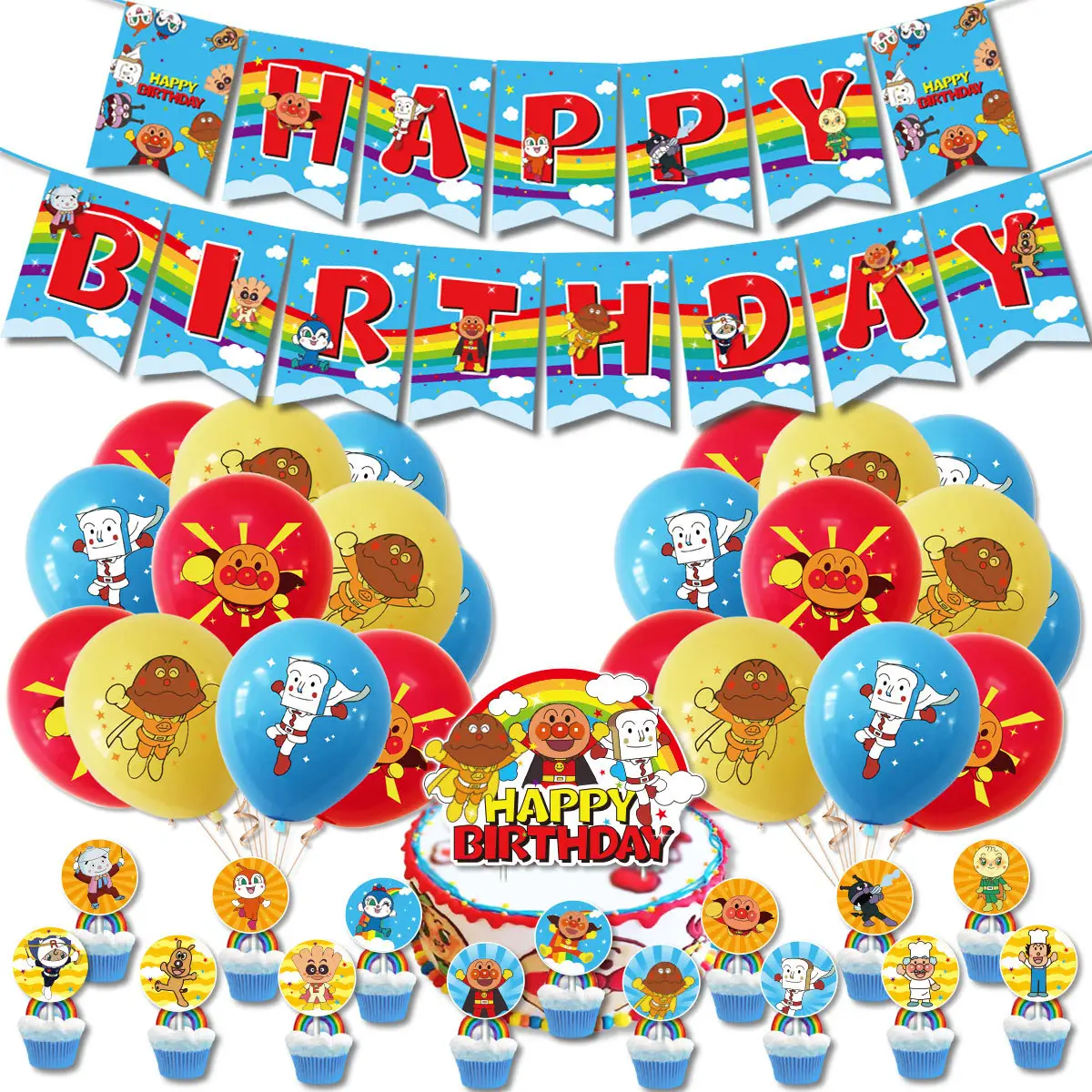 New Anpanman Theme Birthday Party Decoration Happy Birthday Letter Banner Cute Cartoon Latex Balloons Cake Topper Set