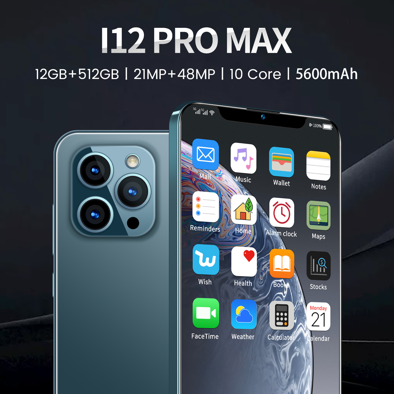 2021 оптовая продажа I12Pro Max камера 32 МП 5G 6,7 дюймов HD полный экран 5000 мАч Android 10 Мобильный телефон с двумя SIM-картами