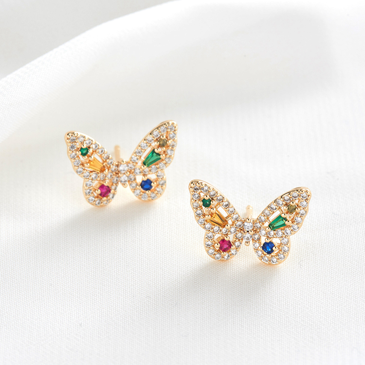 Fashion factory Wholesale 14K Gold Plated Color Zircon Butterfly shape Stud Earrings