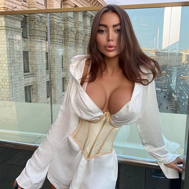 Women fashion mesh breast support fish bone tie rope chest support waist corset sexy vest