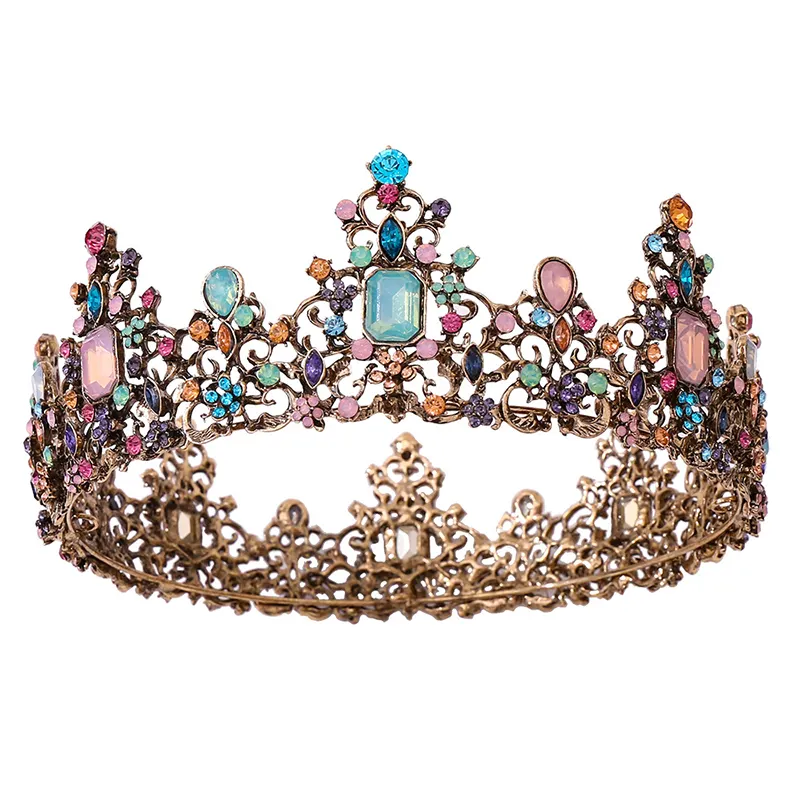 New Baroque Bride Pageant Crown Retro Luxury Bridal Hair Accessories Colorful Round Rhinestone Hair Crown