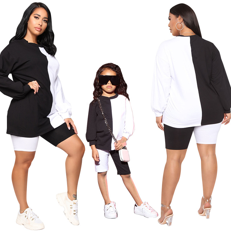 2021 summer new black and white contrast color fashion parent-child suit