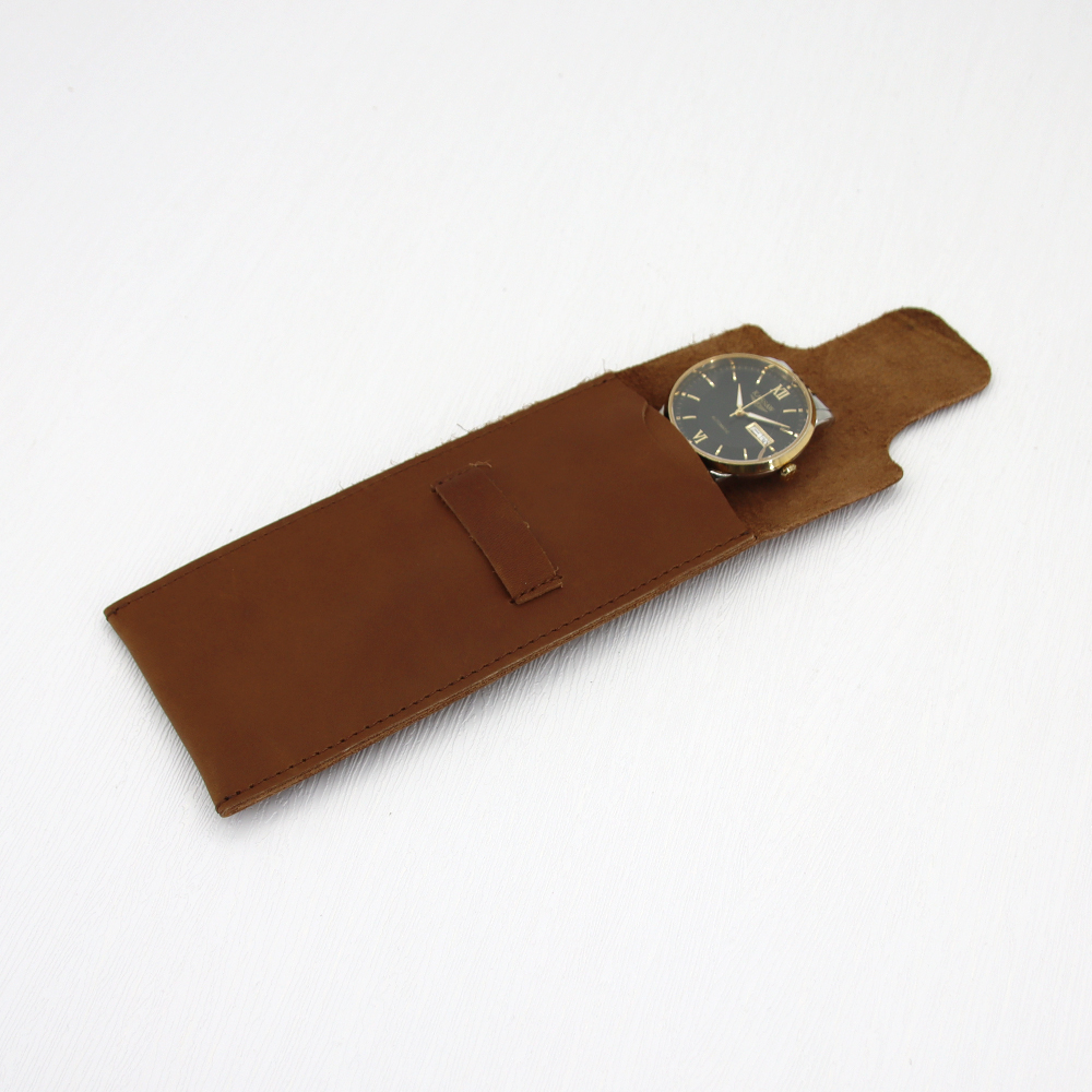 Watch Storage Bag With Embossed Logo Customized Watch Pouch Brown Leather Cow Leather Watch Holder