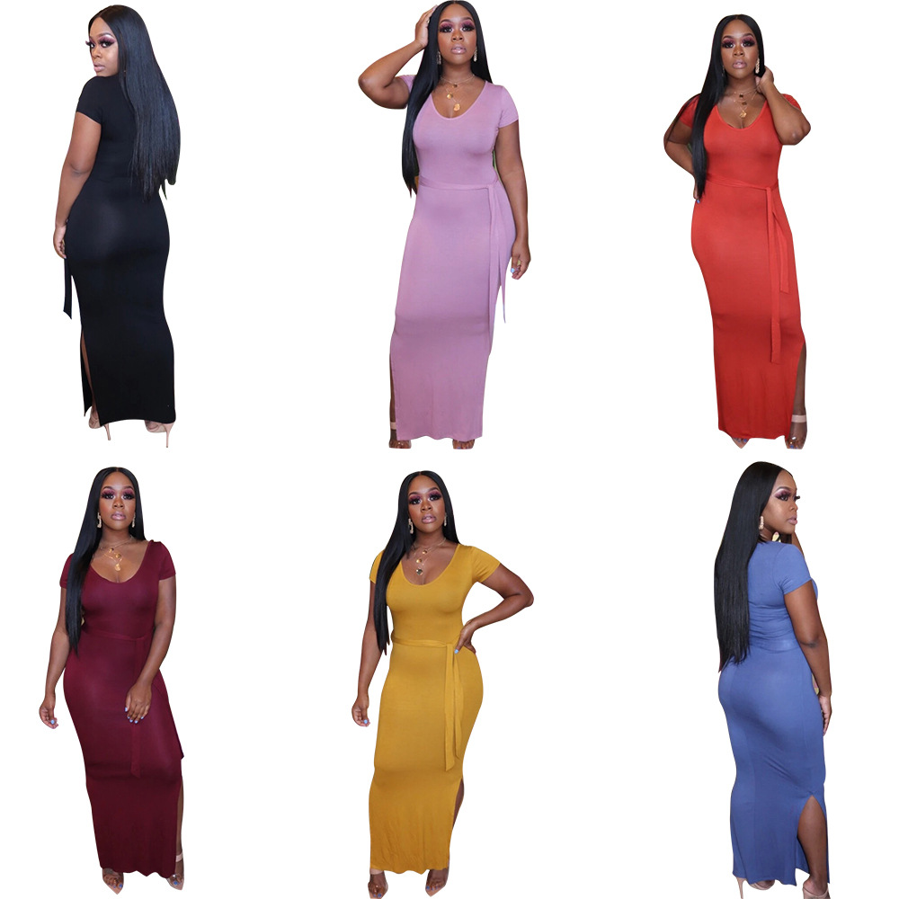 Hot sale product summer maxi dress 2021 solid color short sleeves bodycon maxi elegant women dresses workout clothing for women