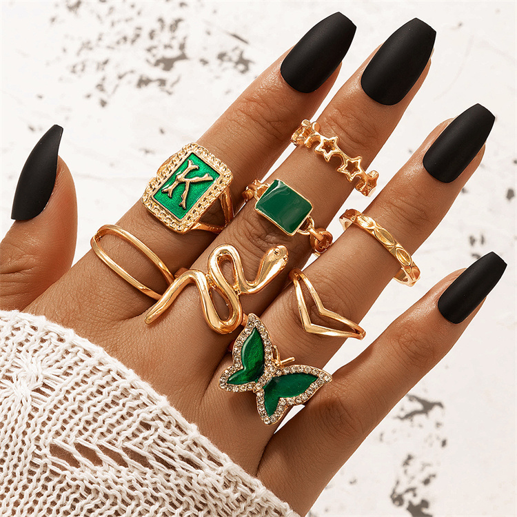 New Ring Gold Green K-Letter Snake Butterfly Five-Pointed Star 8-Piece Lady Ring Set