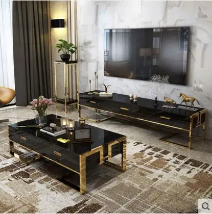 Luxury Rectangular Woodem Marble Tv Stands Set And Coffee Table