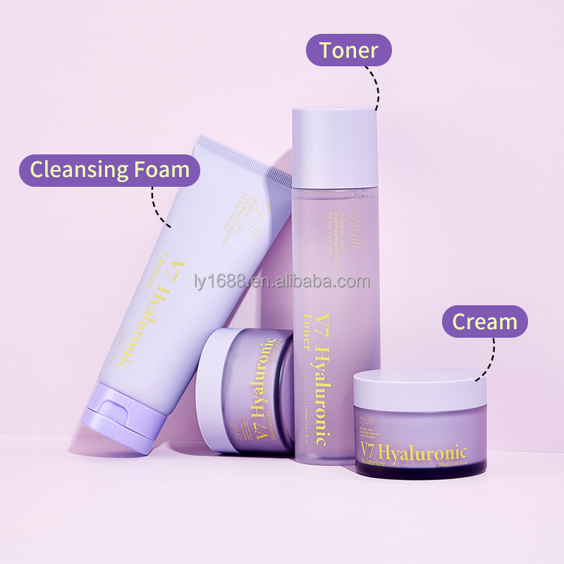 Private Label Daily Glowing & Mildly Exfoliating Face Cleanser Toner Moisturizer V7 Hyaluronic Beauty Skin Care Set for Women