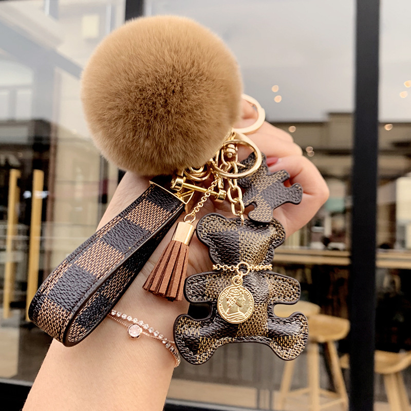 Luxury Plush Pompom Grid PU Leather Bear Keychain For LV Handbag Decoration