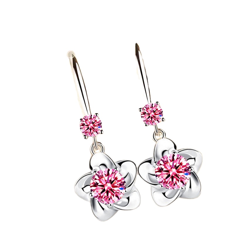 sterling silver new women's fashion jewelry pink blue white crystal zircon long tassel flower hook type earrings