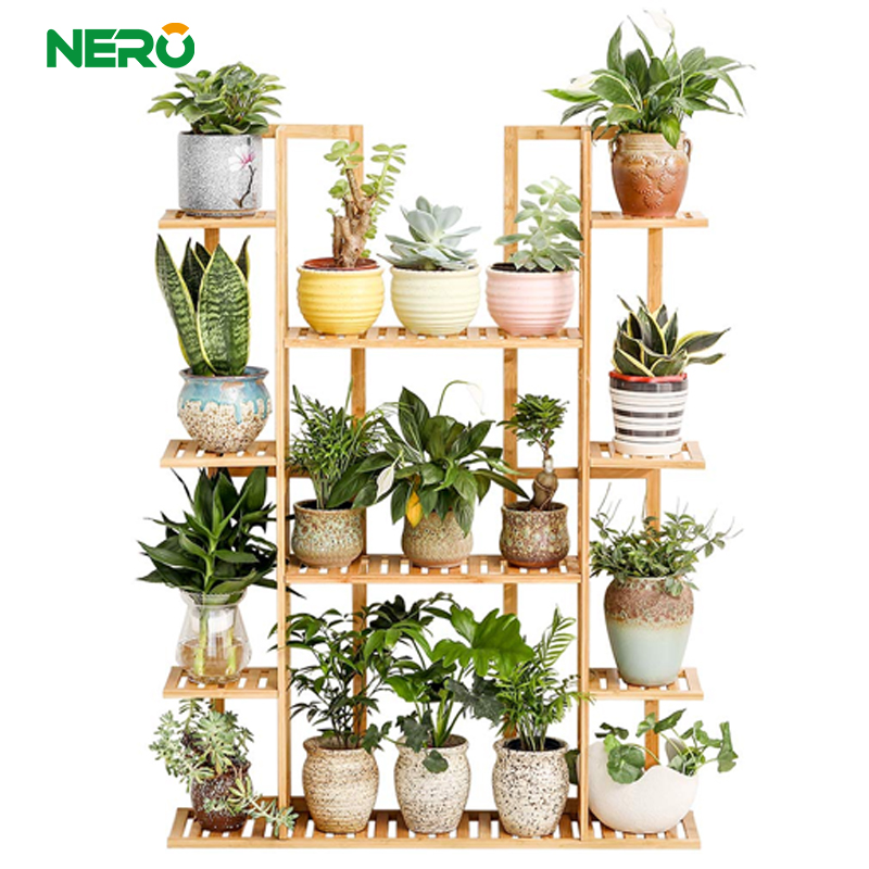 Adjustable bamboo flower rack, indoor and outdoor flower pot rack