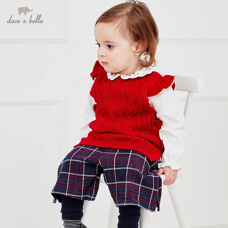 DBM14388 dave bella Осенняя детская Милая однотонная куртка с бантом для девочек Детская мода жилет без рукавов Трикотажный жилет