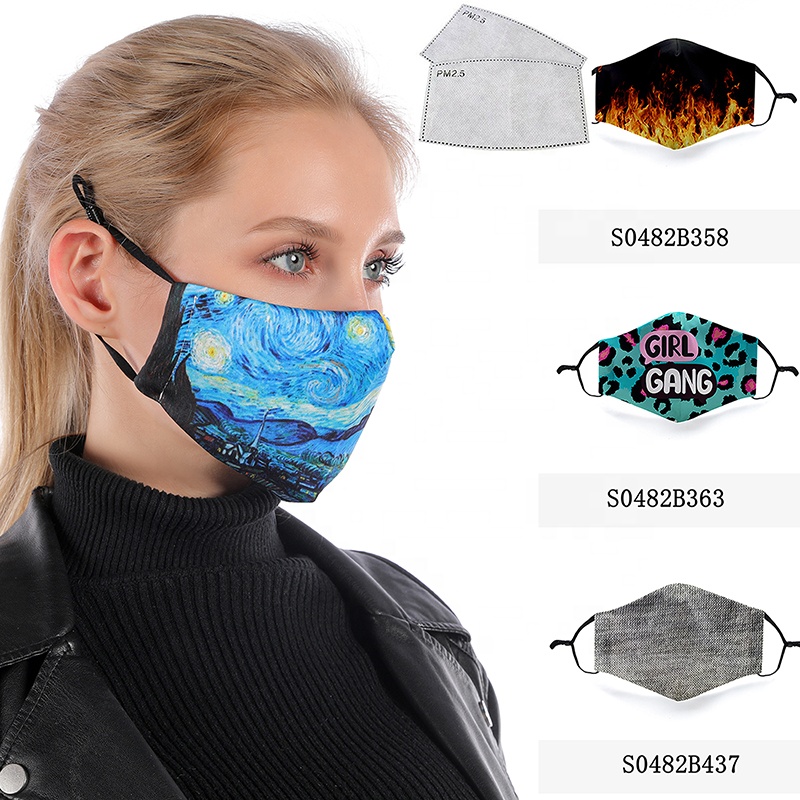 fashion Reusable Washable Earloop Dust Custom Black Shield face coverings With 2 Pcs Carbon Filter