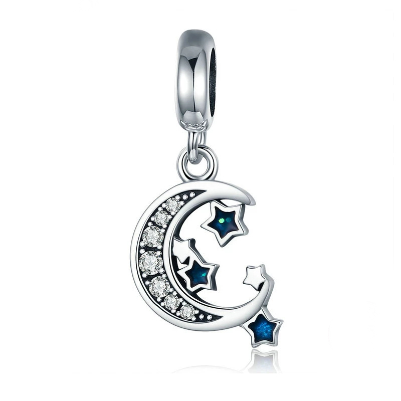 SEM Authentic 925 Sterling Silver Sparkling Sky Moon & Star Clear CZ Dangle Charm fit Original Charm Bracelet Fine Jewelry Gift