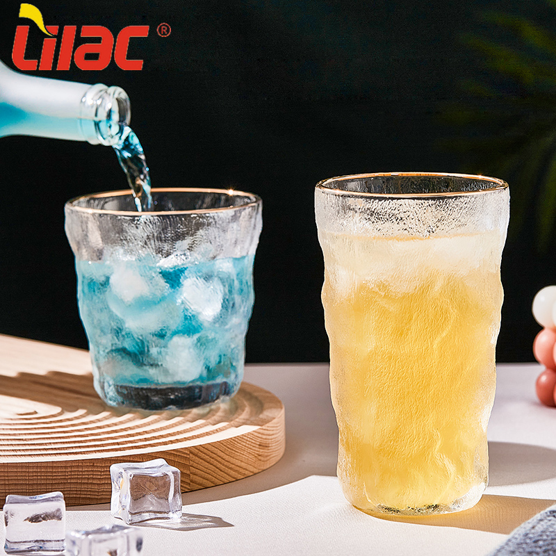 Lilac FREE Sample 300ml/370ml creative hammer pattern glassware set 12 oz shot glass gold rim wine/tea cup with golden trims