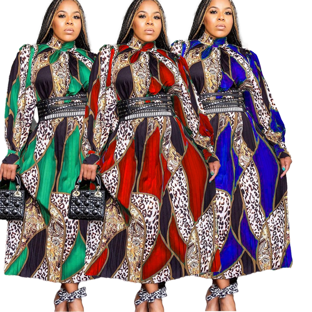Plus Size Long Sleeve High Waist Pleated Printed Maxi Dress Ladies Fall Dresses African Dresses