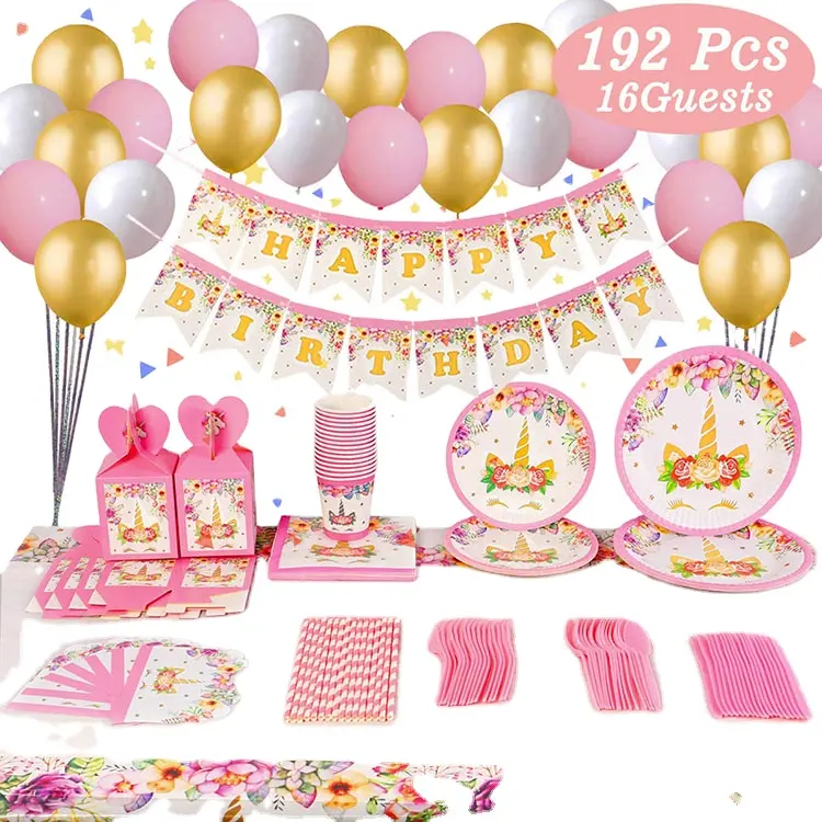 QAKGL 192 Pcs Birthday Unicorn Party Supplies Set With Candy Box Banner Balloon Invitation Cards
