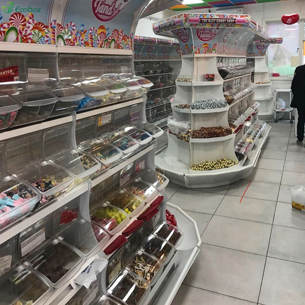 Розничный магазин, демонстрационные полки для еды оптом, полки для показа конфет на гондоле с контейнером для конфет