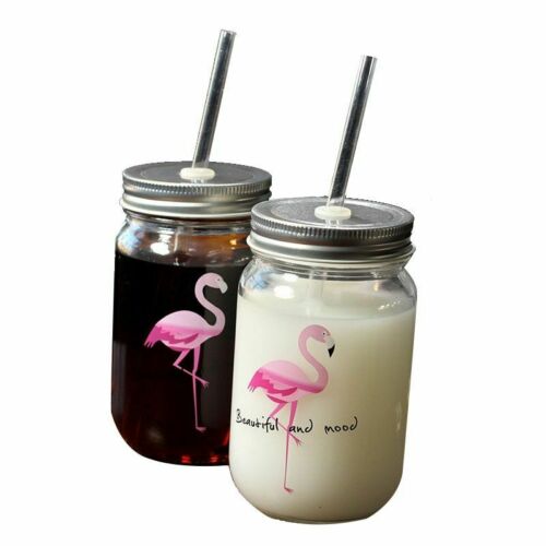 Glass Cup Creative Flamingo Glass Mason Jar Mug With Lid And Straw Cold Drink