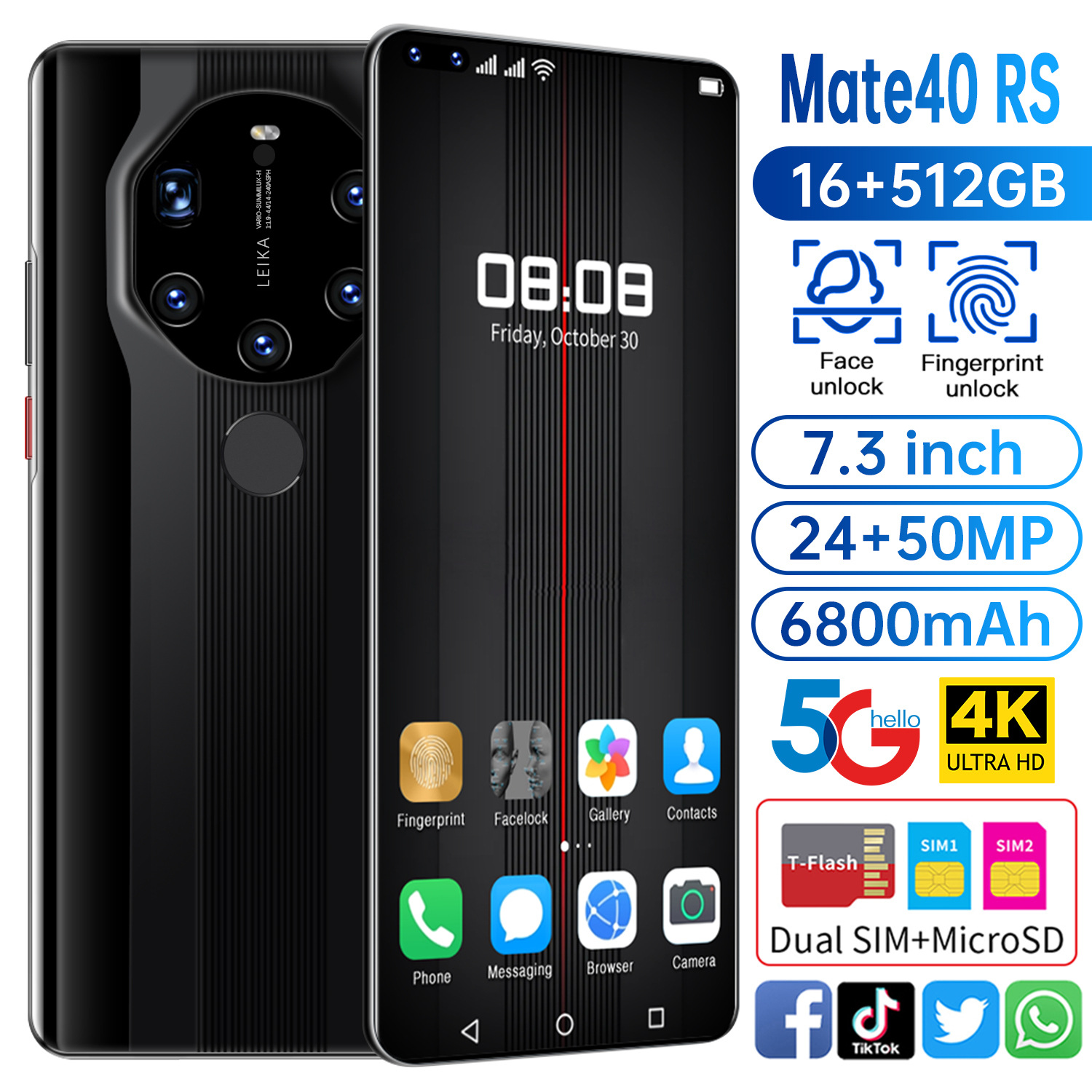 Смартфон Mate40 RS, 7,2 дюйма, Android 10,0, 16 + 512 ГБ, разблокировка по лицу, мобильный телефон, сотовый телефон