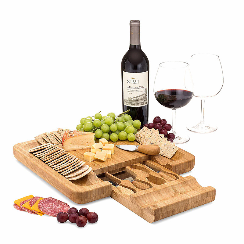 4 Knives Bamboo Multifuntional Cheese Board Set for house warming serving tray