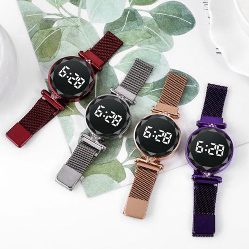 Luxury Digital Magnet Watches For Women Rose Gold Stainless Steel Dress LED Quartz Watch Female Clock Relogio Feminino