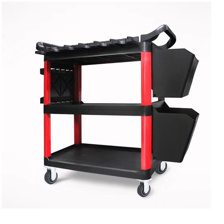 Trolley Car Beauty Shop Tool Cart, Black Red Three-Layer Beauty Hand Cart Car Wash Equipment