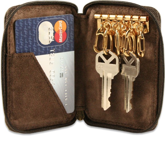 Zippered suede lining 6 hook key case leather with card slot inside