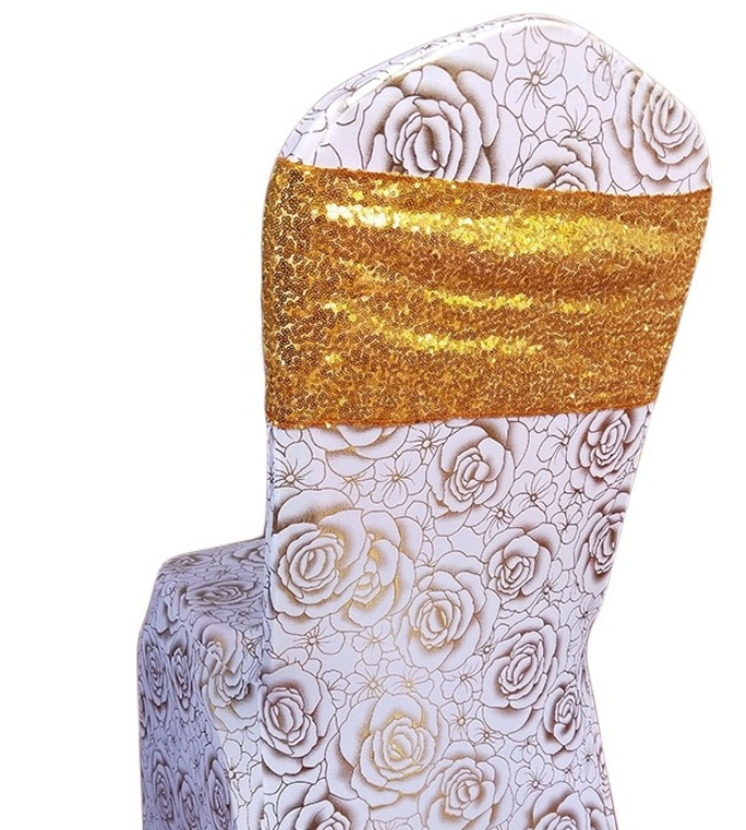 shiny sequence sequin stretch gold chair cover spandex wedding chair sashes band