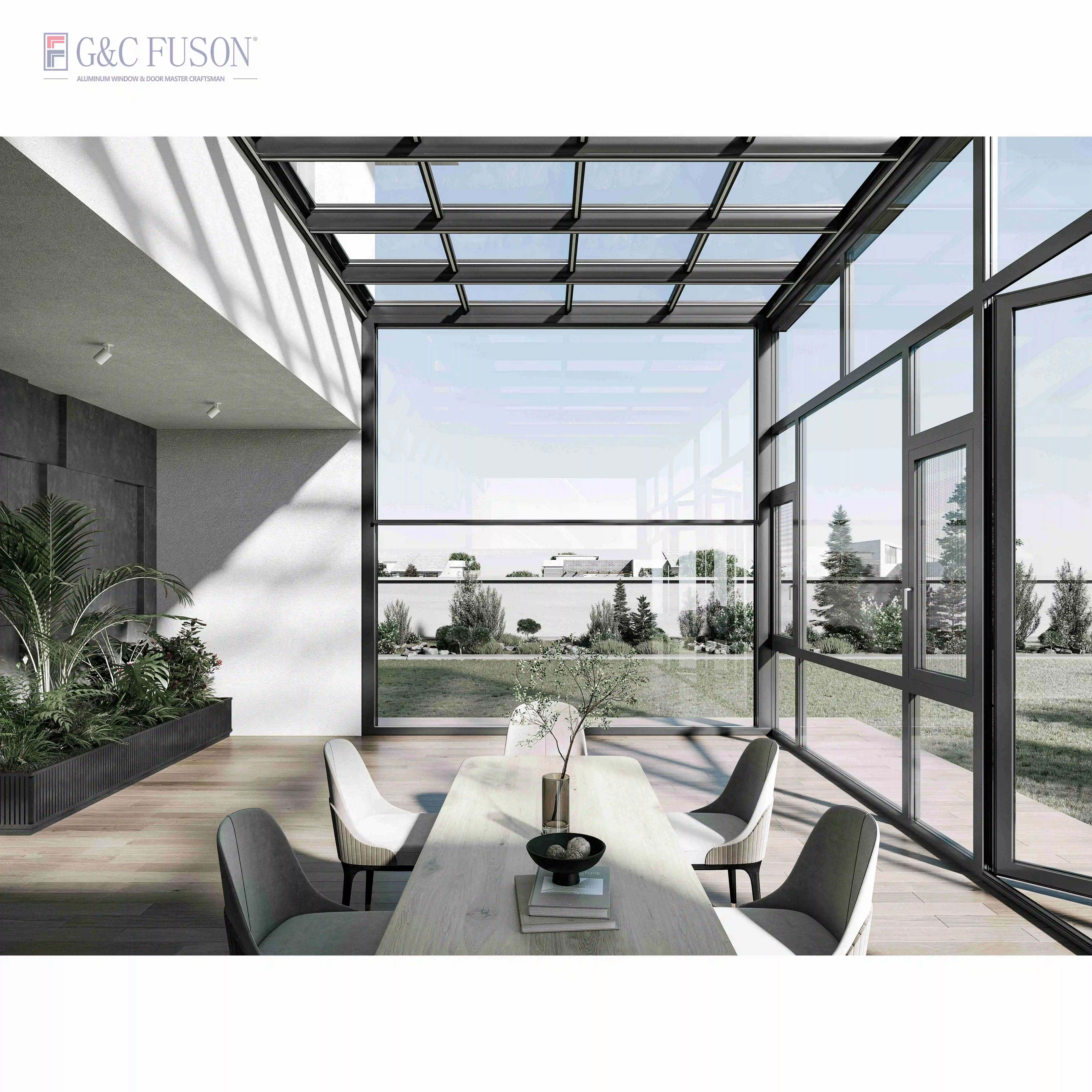 Fuson Low-E Prefabricated Glass House Cabins And Garden Rooms Products Aluminium Cabins And Garden Room House Glass Sunroom