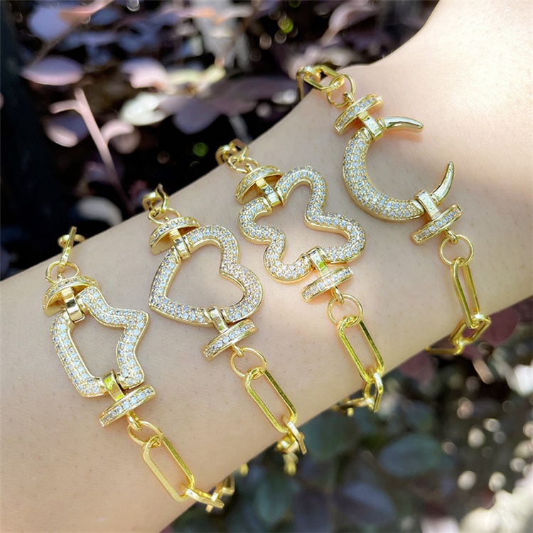 Micro Insert Zircon Moon Bracelet Hip Hop Chunky Chain Gold Plated Bracelet Punk Thick Toggle Clasp Bracelet