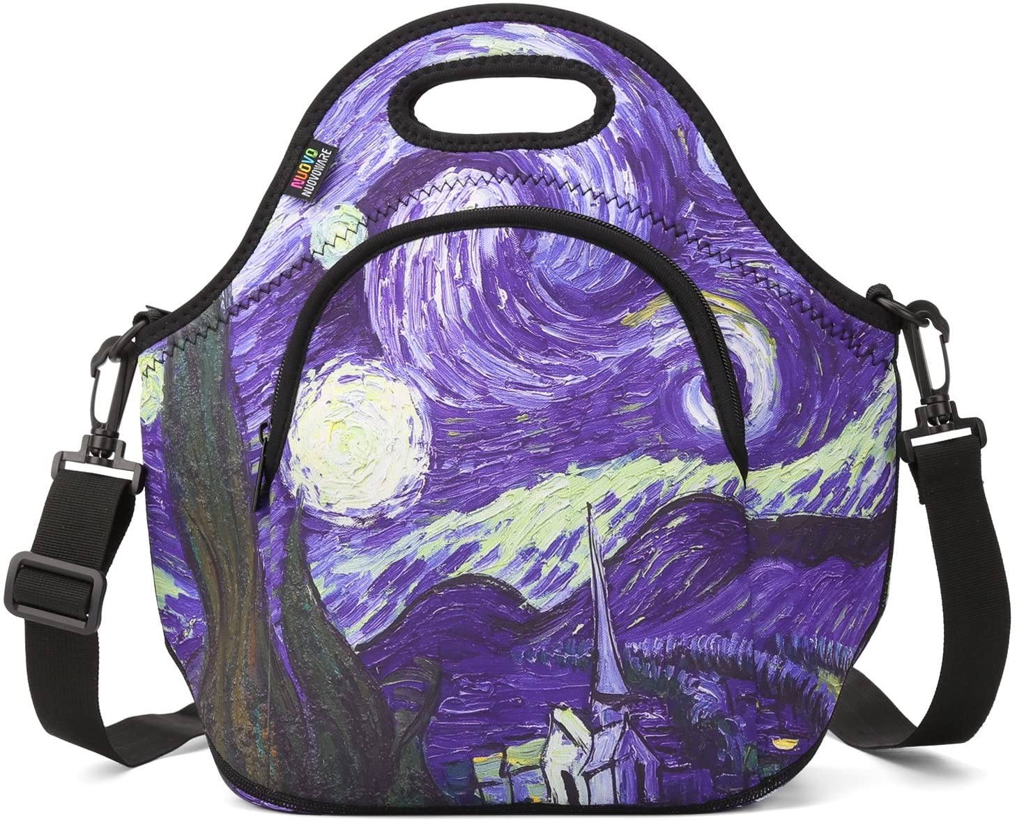 Nuovoware Neoprene Lunch Bag with Adjustable Crossbody Strap and Front Zipper Pockets, Starry Night & Black