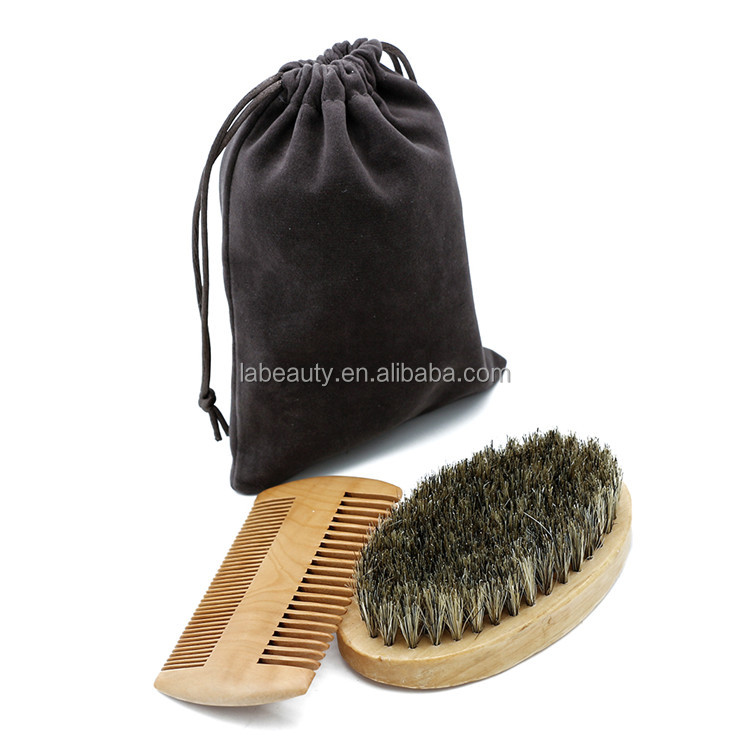 Labeauty Face Paddle Brush OEM Private Label Men's Hair Growth Boar Bristle Wooden Beard Mustache Brush And Comb Kit in Stock