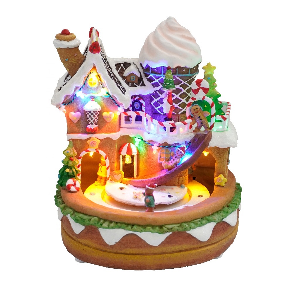 New arrival musical resin gingerbread house with LED light movement Christmas village 2024 Christmas decoration