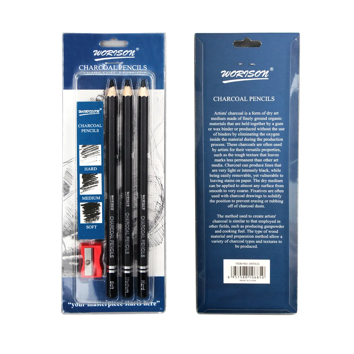 High quality WPRISON 3pieces professional sketching and drawing charcoal pencil art set with A Sharpener