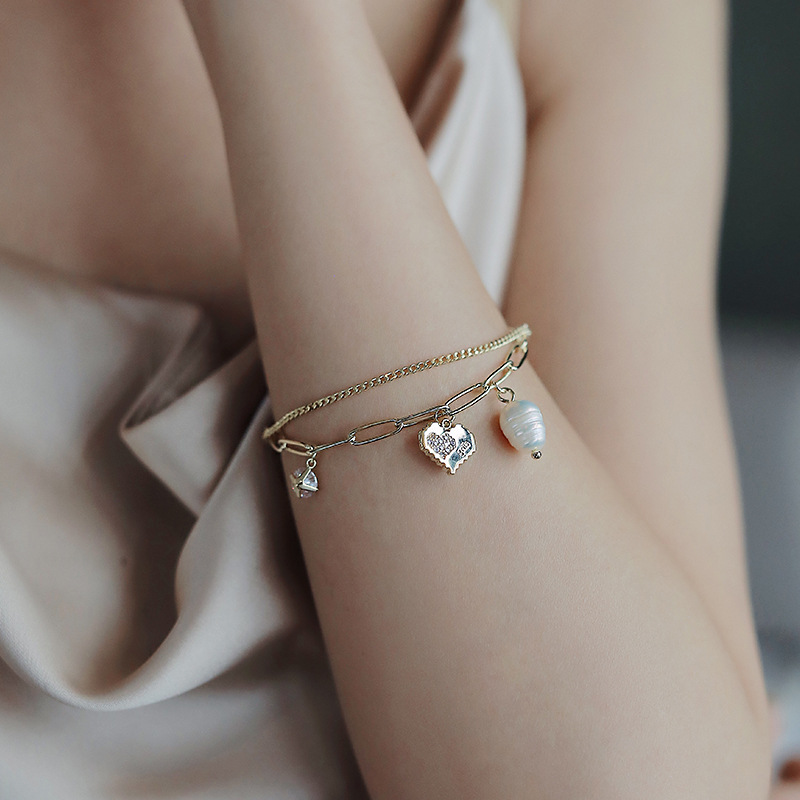 KOREAN STYLE INS small design double deck bracelet heart pendant student bracelet