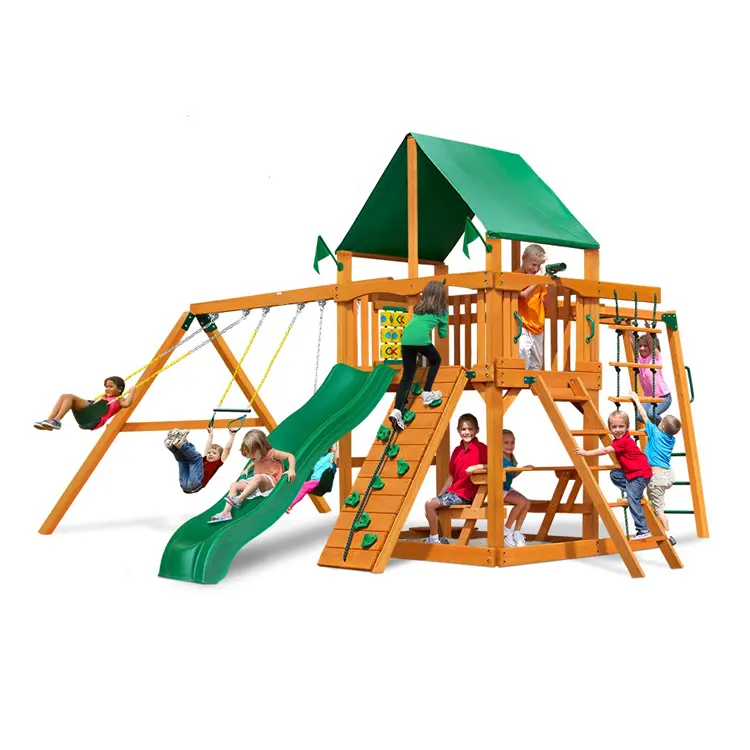Children's Outdoor Playground Equipment Is Made Of Wood And Has Various Functions