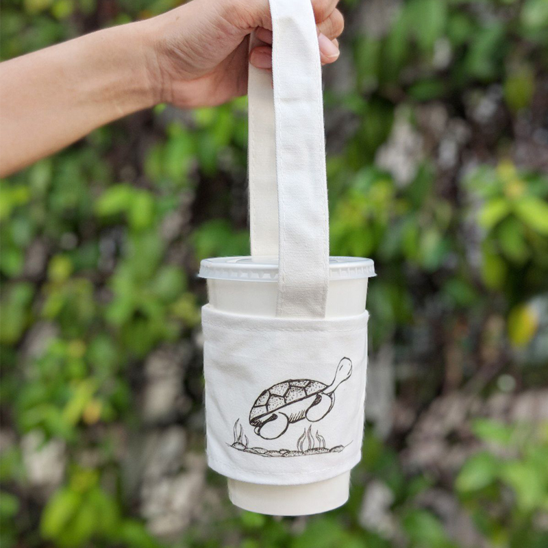Custom Bubble Tea Cup Sleeve Carrier Exclusive Design Pink White Canvas Drink Holder 12oz Canvas Cup Holder