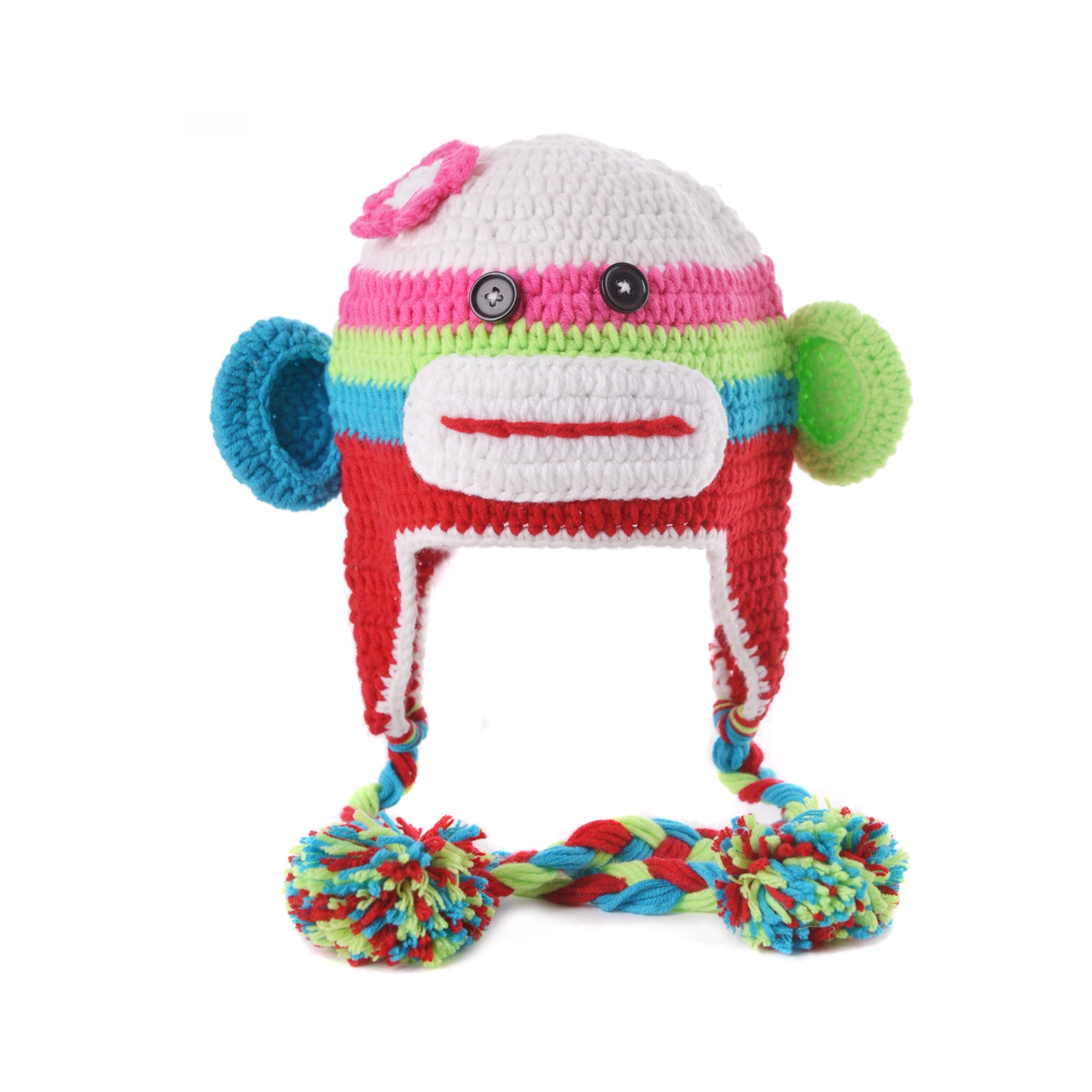 Cosplay Photography  Crochet Monkey Hat With Flowers Cartoon Beanie  Winter Earflap  Hat  Crochet Animal Hat