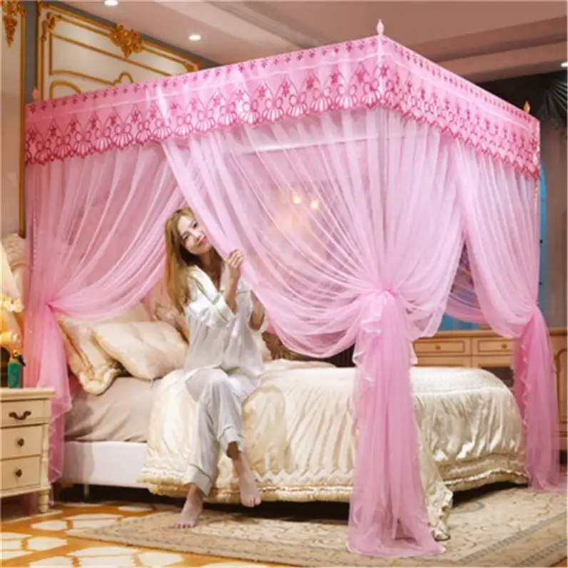 Embroidery Lace Pleated Mosquito Net for Bed Square Romantic Princess Queen Size Double Bed Net Canopy Luxury Mosquito Tent Mesh