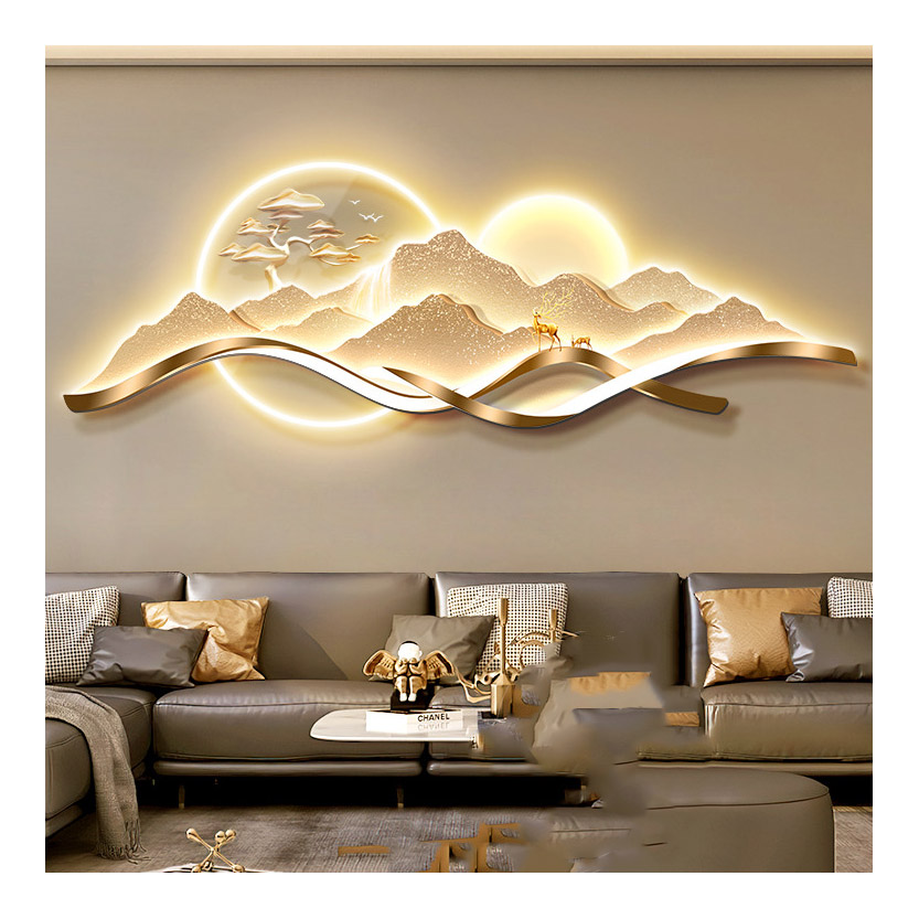 Modern home hotel living room decor HD print crystal porcelain Golden mountain Landscape led light luminous wall art Painting