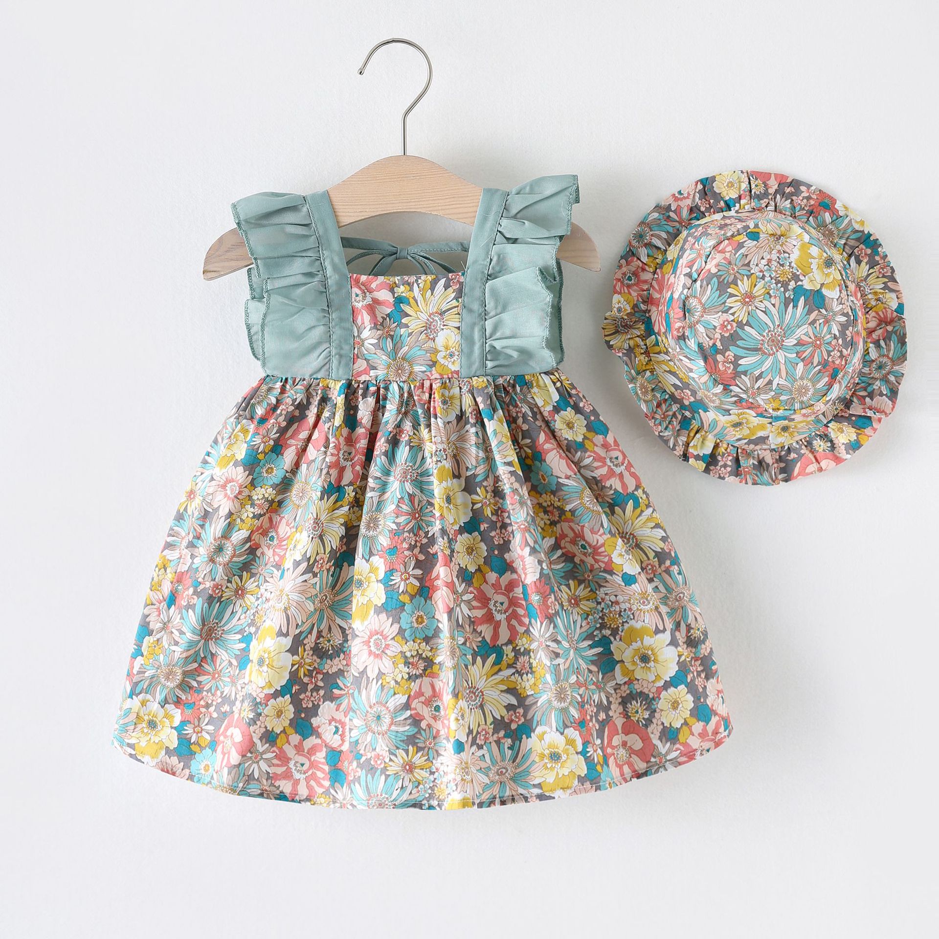 summer Girls' floral dress baby flying sleeve vest skirt children's Pastoral printed princess skirt dress with hat