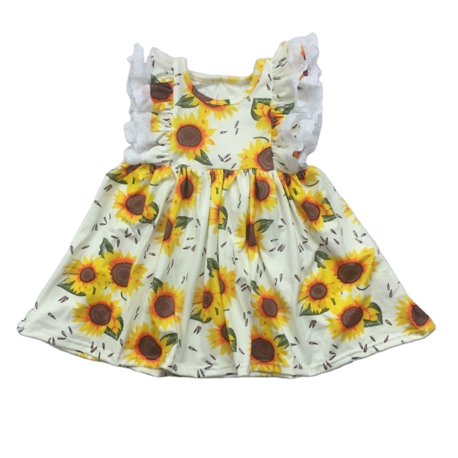LZ2020 Fashion girl lace sleeve dress sunflower printing children clothes baby girl sleeveless dresses holiday dress