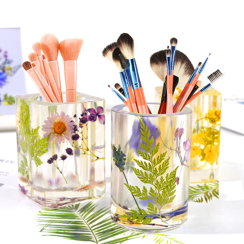 Transparent Home Decoration Reusable Pen Cosmetic Container Holder Cup Glass Shape Pen Container Resin Mould