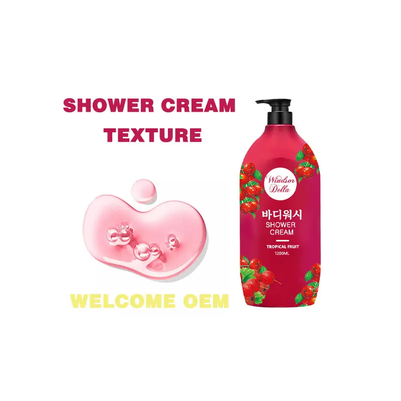 Whitening shrink label low prices shower cream for remove body acne tropical berry scent OEM body wash
