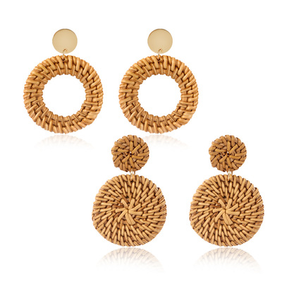 2021 Hot Sale Handmade Tassel Woven Bohemian Straw Wicker Braid Hoop Drop Dangle Earrings Geometric Lightweight Rattan Earrings