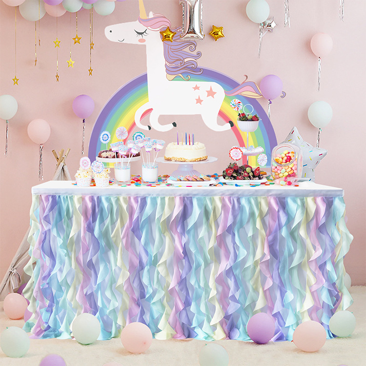 GC Mermaid Curly Willow Table Skirting Blue Lace Tulle Table Skirt Rectangle table skirt for Birthday Party Decoration