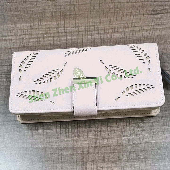 Long fashion Clutch bag Hollowing out Leaf Sequined decorative zipper Hasp leather women clutch wallet