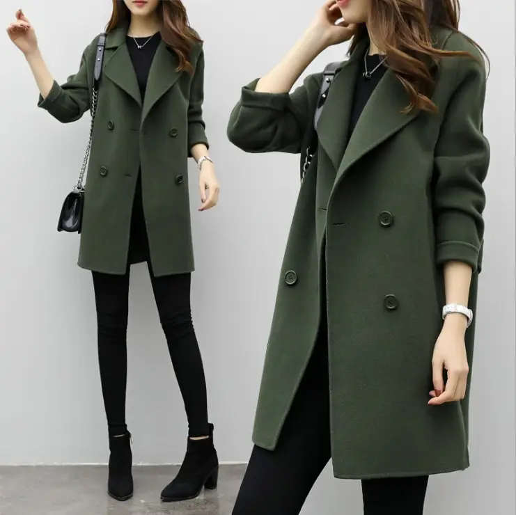 Women fashion double-breasted turn-down collar loose Wool Jacket Winter Parkas Outerwear