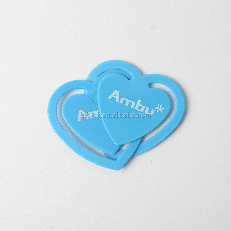 plastic heart shape blue color paper clip logo printing customized bookmark